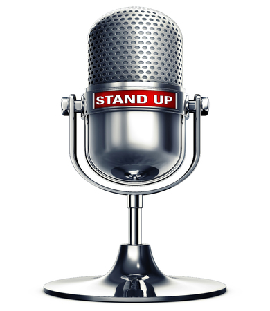 3d rendering of a microphone with the words stand upの写真素材