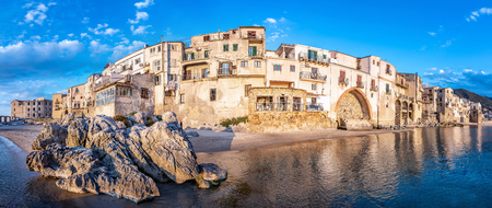 panoramic view at the coastline of cefalu, sicilyの写真素材