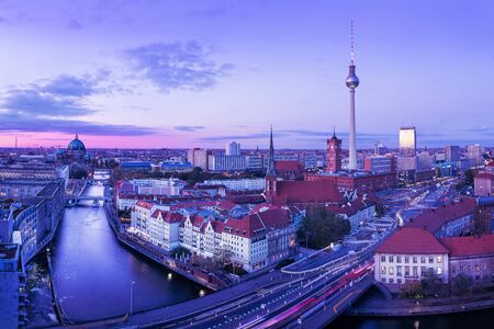 Panoramic view at the city center of berlin while sunsetの写真素材
