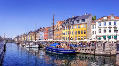 Panoramic view at nyhavn on a sunny day, copenhagenの写真素材