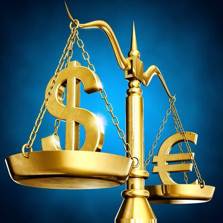 3D rendering of a scale with a euro and dollar symbolの写真素材