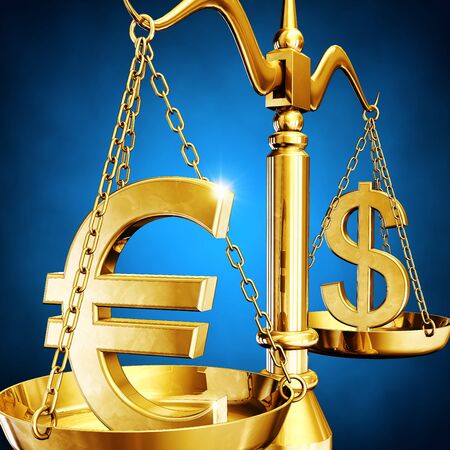 3D rendering of a scale with a euro and dollar symbolの写真素材