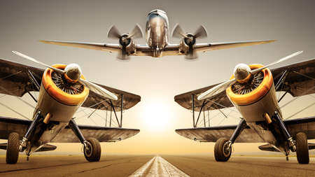 historical aircraft on a runwayの写真素材