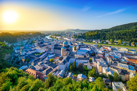 panoramic view at the city center of salzburg, austriaの写真素材