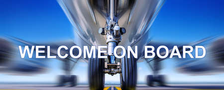 modern airplane with the words "welcome on board"の写真素材