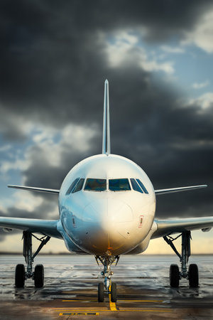 modern airplane against a dramatic skyの写真素材