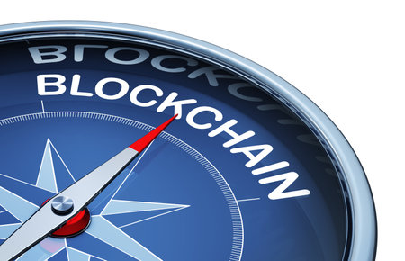 3d rendering of an compass with the word blockchainの写真素材
