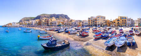 colorful fishing boats at the port of aspra, sicilyの写真素材