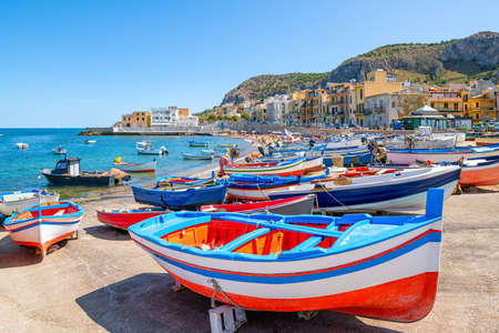 colorful fishing boats of aspra, sicilyの写真素材