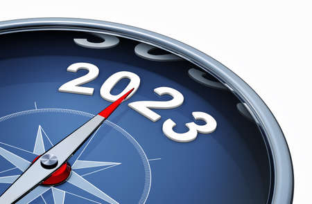 3D illustration of an compass with the year 2023の写真素材