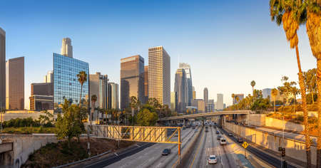 the skyline of los angeles during sunriseの写真素材