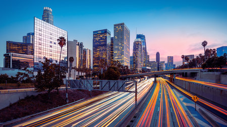 the skyline of los angeles during rush hourの写真素材