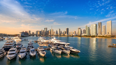 the skyline of miami with a marina, floridaの写真素材