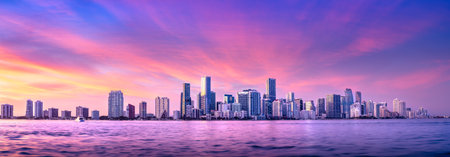 the skyline of miami during sunsetの写真素材