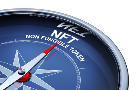 3D illustration of a compass with the words non fungible tokenの写真素材