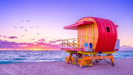 colorful lifeguard hut at miami beach during sunrise, floridaの写真素材