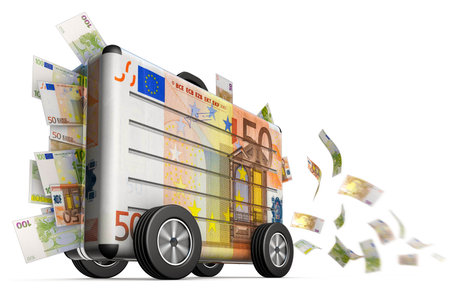 3D illustration of a suitcase with moneys supportの写真素材