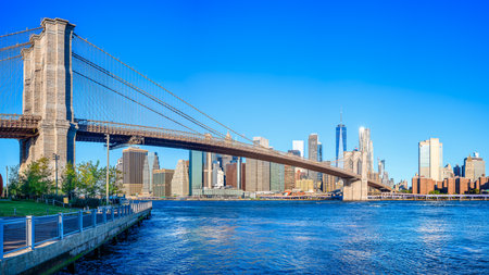 the skyline of new york under a blue skyの写真素材