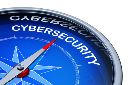 3D illustration of a compass with the word cybersecurityの写真素材