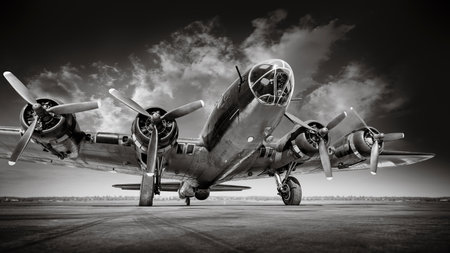 historical bomber plane on a runwayの写真素材