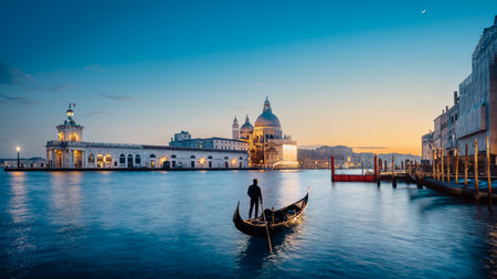 Panoramic view at the Grand Canal of Venice during sunsetの写真素材