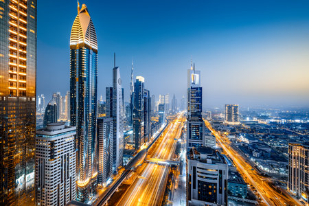 Dubai skyline at sunsetの写真素材