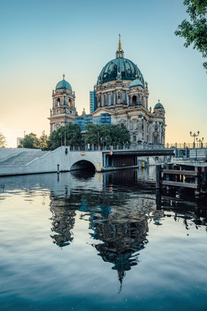 the berlin cathedral in the evening lightの写真素材