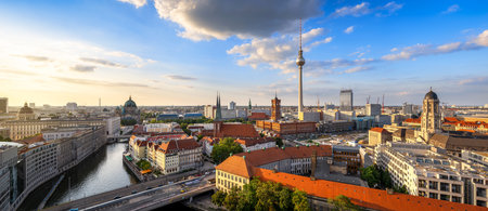 the skyline of berlin in the evening sunの写真素材
