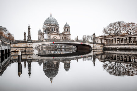 the reflected berlin cathedral, germanyの写真素材