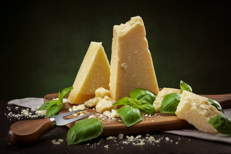 parmesan and basil against a dark backgroundの写真素材