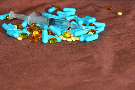 A variety of blisters in the workplace are scattered close-up. Panacea, life saving service,...