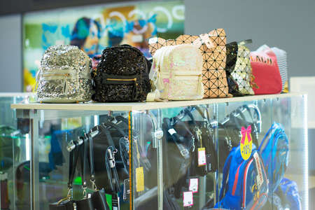 Mariupol, Ukraine, May 26, 2018: Bags are on sale at the counter in the shopping center.のeditorial素材