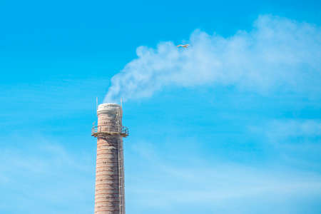 Smoke from pipes in the plant, polluting the environment. Dirty air in the sky.の写真素材