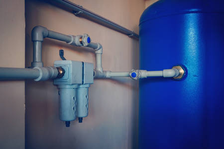 Control air valve, cock, valve, reservoir of air compressor using plastic pipe at the power plant in the enterprise.の写真素材