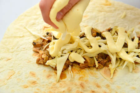 Mayonnaise with fried meat for cooking fast food.の写真素材