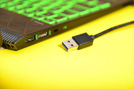 USB cable lies near the laptop on a yellow background.の写真素材