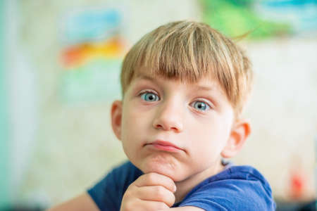 Portrait of a cute and intelligent little boy close up, who is thinking and looking at the camera.