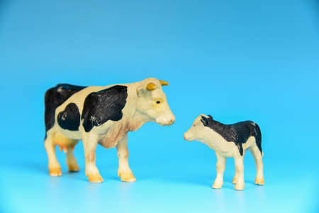 Toy animals made of plastic on a blue background, baby little animals.の写真素材