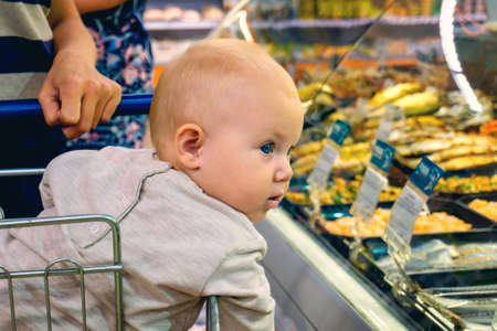 A child in a supermarket on a trolley monitors the shopping of parents.の写真素材