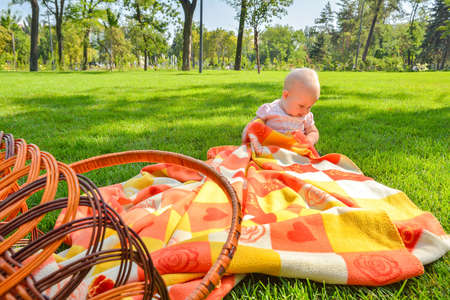 Little child in a park on green grass on a litter in a straw basket.
