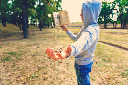 A man reads a book in the park, letters fly from above and fall on his hand, exhaustive knowledge in...