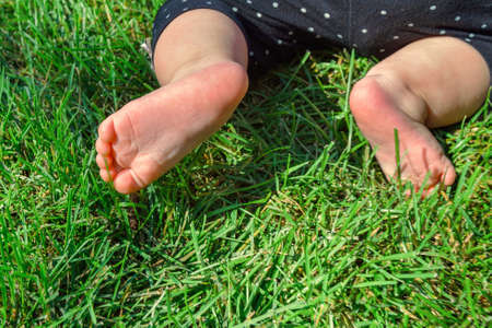 Little child on the grass, baby feet on the green grass in the park.