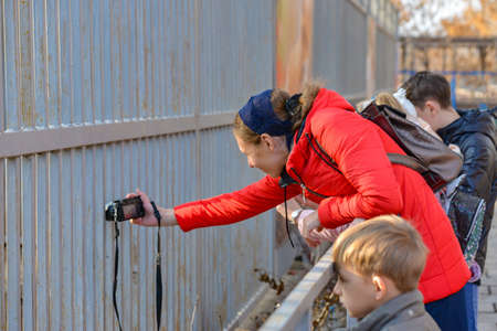 A woman photographs animals in the zoo with a camera.