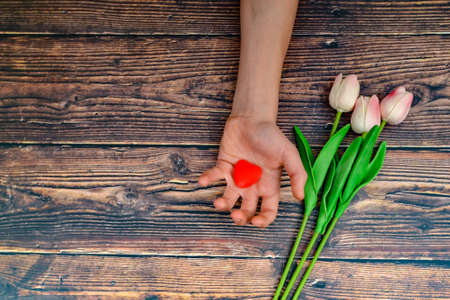 Man offers a heart and tulips on a brown wooden background. The concept of the holiday of Valentine's Day, and International Women's Day March 8の写真素材
