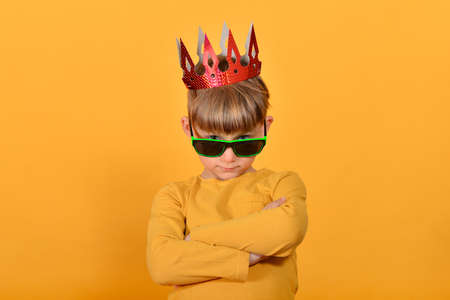 Glamorous and stylish boy model in sunglasses and with a crown on his head, in yellow clothes in the...