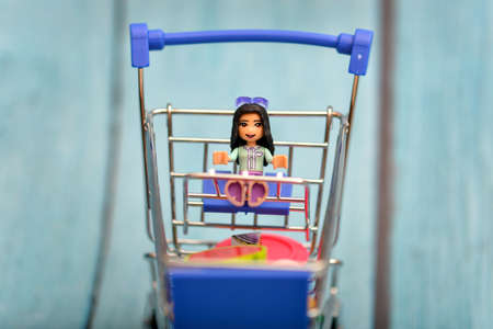 Cart with a doll, a children's toy in a consumer basket.の写真素材