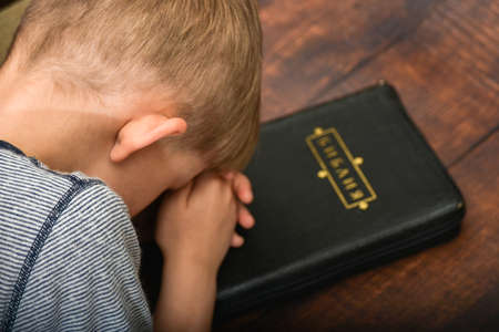The boy reads the Bible and prays, worshiping the child in spirit and truth.の写真素材