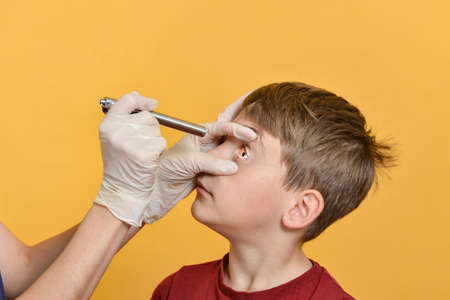 A female ophthalmologist doctor examines a boy's eye with a diagnostic medical flashlight.