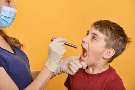 A female doctor examines the oral cavity of a boy with a diagnostic medical flashlight.の写真素材