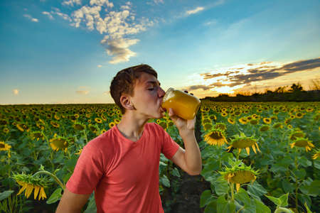 The guy eats honey from a jar against the background of a field with sunflowers and the evening sky. Beekeeping concept.の写真素材